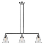 213-PN-G62 3-Light 38.75" Polished Nickel Island Light - Clear Small Cone Glass - LED Bulb - Dimmensions: 38.75 x 6 x 10<br>Minimum Height : 20<br>Maximum Height : 44 - Sloped Ceiling Compatible: Yes