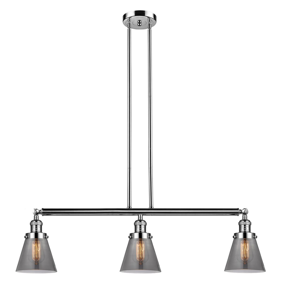 213-PN-G63 3-Light 38.75" Polished Nickel Island Light - Plated Smoke Small Cone Glass - LED Bulb - Dimmensions: 38.75 x 6 x 10<br>Minimum Height : 20<br>Maximum Height : 44 - Sloped Ceiling Compatible: Yes