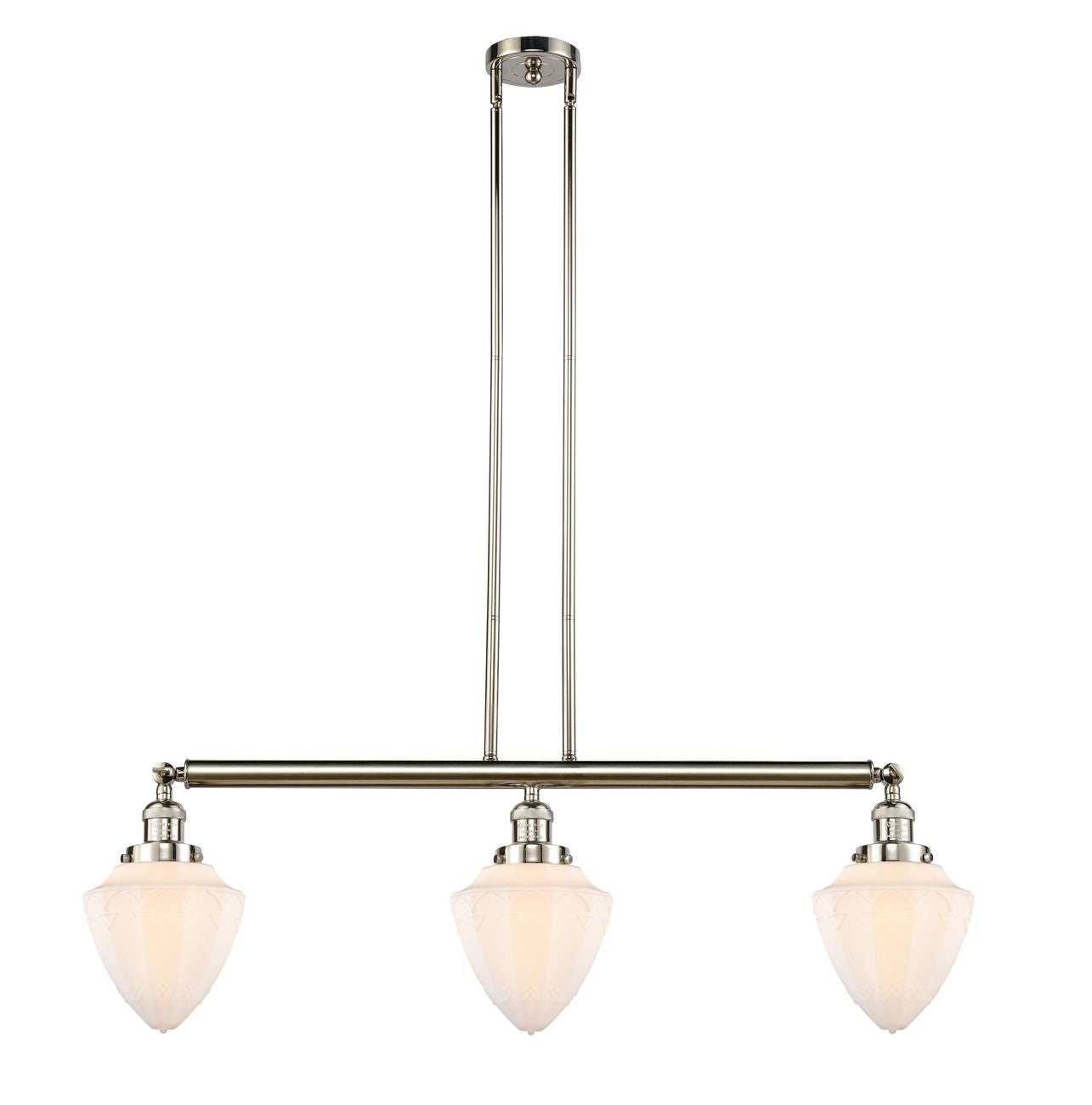 213-PN-G661-7 3-Light 38" Polished Nickel Island Light - Matte White Cased Small Bullet Glass - LED Bulb - Dimmensions: 38 x 7 x 15.25<br>Minimum Height : 24.25<br>Maximum Height : 48.25 - Sloped Ceiling Compatible: Yes