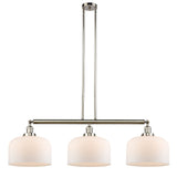 213-PN-G71-L 3-Light 42" Polished Nickel Island Light - Matte White Cased X-Large Bell Glass - LED Bulb - Dimmensions: 42 x 12 x 13<br>Minimum Height : 22.25<br>Maximum Height : 46.25 - Sloped Ceiling Compatible: Yes