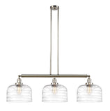213-PN-G713-L 3-Light 42" Polished Nickel Island Light - Clear Deco Swirl X-Large Bell Glass - LED Bulb - Dimmensions: 42 x 12 x 13<br>Minimum Height : 22.25<br>Maximum Height : 46.25 - Sloped Ceiling Compatible: Yes