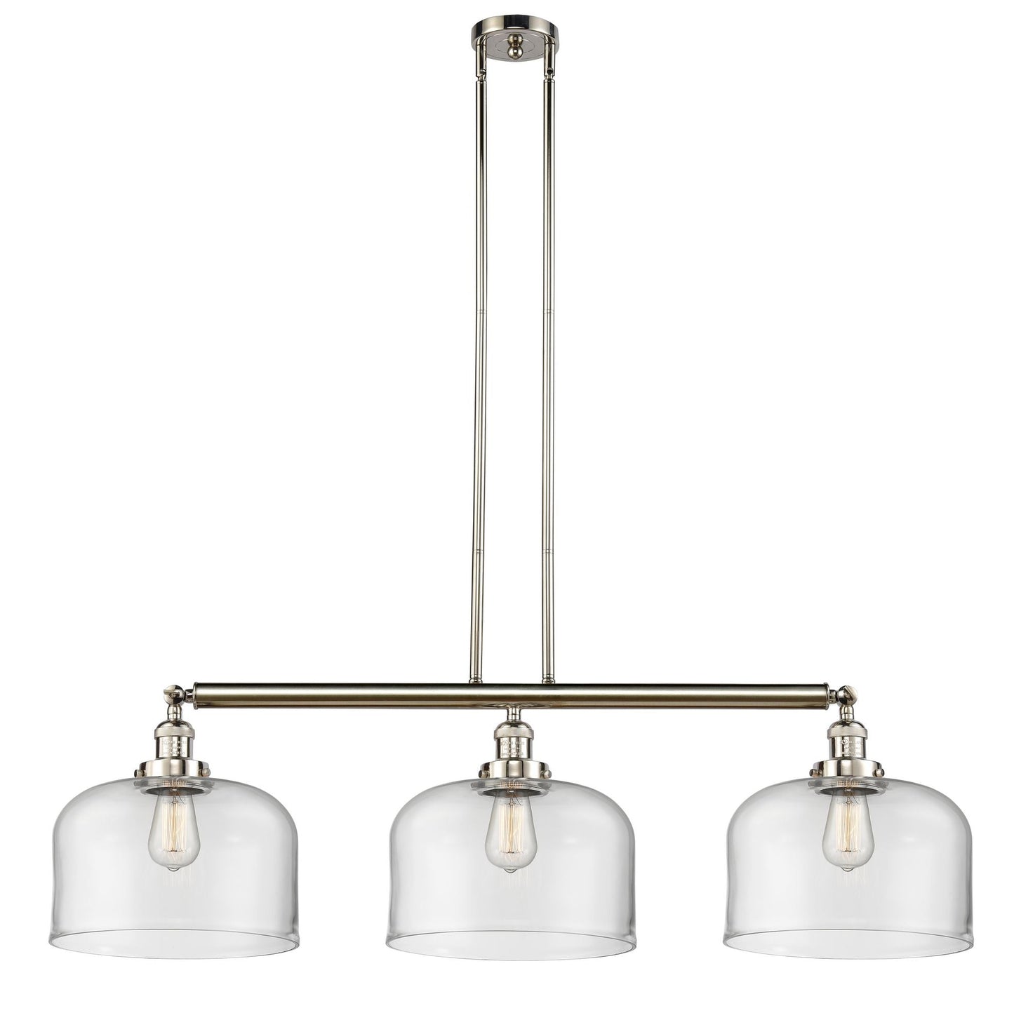 213-PN-G72-L 3-Light 42" Polished Nickel Island Light - Clear X-Large Bell Glass - LED Bulb - Dimmensions: 42 x 12 x 13<br>Minimum Height : 22.25<br>Maximum Height : 46.25 - Sloped Ceiling Compatible: Yes