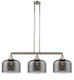 213-PN-G73-L 3-Light 42" Polished Nickel Island Light - Plated Smoke X-Large Bell Glass - LED Bulb - Dimmensions: 42 x 12 x 13<br>Minimum Height : 22.25<br>Maximum Height : 46.25 - Sloped Ceiling Compatible: Yes