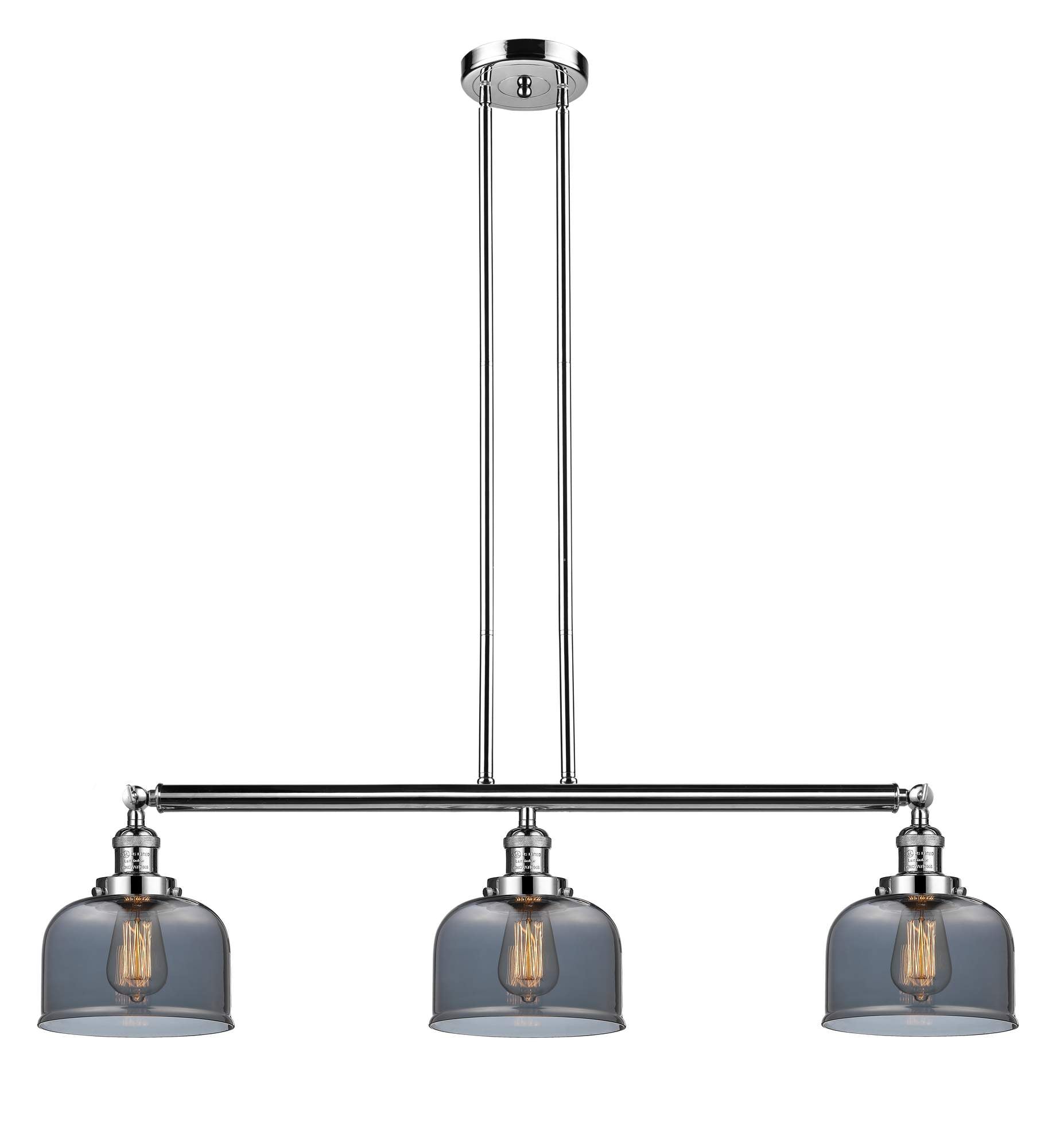 213-PN-G73 3-Light 40.5" Polished Nickel Island Light - Plated Smoke Large Bell Glass - LED Bulb - Dimmensions: 40.5 x 8 x 13<br>Minimum Height : 20<br>Maximum Height : 44 - Sloped Ceiling Compatible: Yes