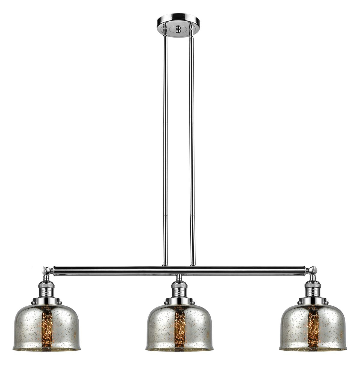 213-PN-G78 3-Light 40.5" Polished Nickel Island Light - Silver Plated Mercury Large Bell Glass - LED Bulb - Dimmensions: 40.5 x 8 x 13<br>Minimum Height : 20<br>Maximum Height : 44 - Sloped Ceiling Compatible: Yes