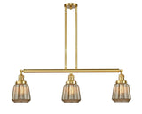 213-SG-G146 3-Light 38.75" Satin Gold Island Light - Mercury Plated Chatham Glass - LED Bulb - Dimmensions: 38.75 x 6.25 x 10<br>Minimum Height : 22.25<br>Maximum Height : 46.25 - Sloped Ceiling Compatible: Yes