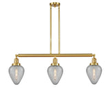 213-SG-G165 3-Light 38" Satin Gold Island Light - Clear Crackle Geneseo Glass - LED Bulb - Dimmensions: 38 x 7 x 10<br>Minimum Height : 23<br>Maximum Height : 47 - Sloped Ceiling Compatible: Yes