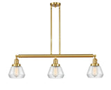 213-SG-G172 3-Light 39.25" Satin Gold Island Light - Clear Fulton Glass - LED Bulb - Dimmensions: 39.25 x 6.75 x 10<br>Minimum Height : 19.5<br>Maximum Height : 43.5 - Sloped Ceiling Compatible: Yes