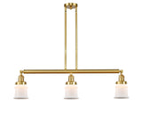 213-SG-G181S 3-Light 38.5" Satin Gold Island Light - Matte White Small Canton Glass - LED Bulb - Dimmensions: 38.5 x 6 x 11<br>Minimum Height : 19.75<br>Maximum Height : 43.75 - Sloped Ceiling Compatible: Yes