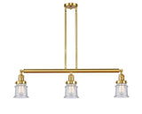 213-SG-G184S 3-Light 38.5" Satin Gold Island Light - Seedy Small Canton Glass - LED Bulb - Dimmensions: 38.5 x 6 x 11<br>Minimum Height : 19.75<br>Maximum Height : 43.75 - Sloped Ceiling Compatible: Yes