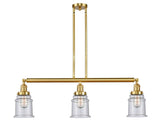 213-SG-G184 3-Light 38.5" Satin Gold Island Light - Seedy Canton Glass - LED Bulb - Dimmensions: 38.5 x 6 x 11<br>Minimum Height : 21.5<br>Maximum Height : 45.5 - Sloped Ceiling Compatible: Yes