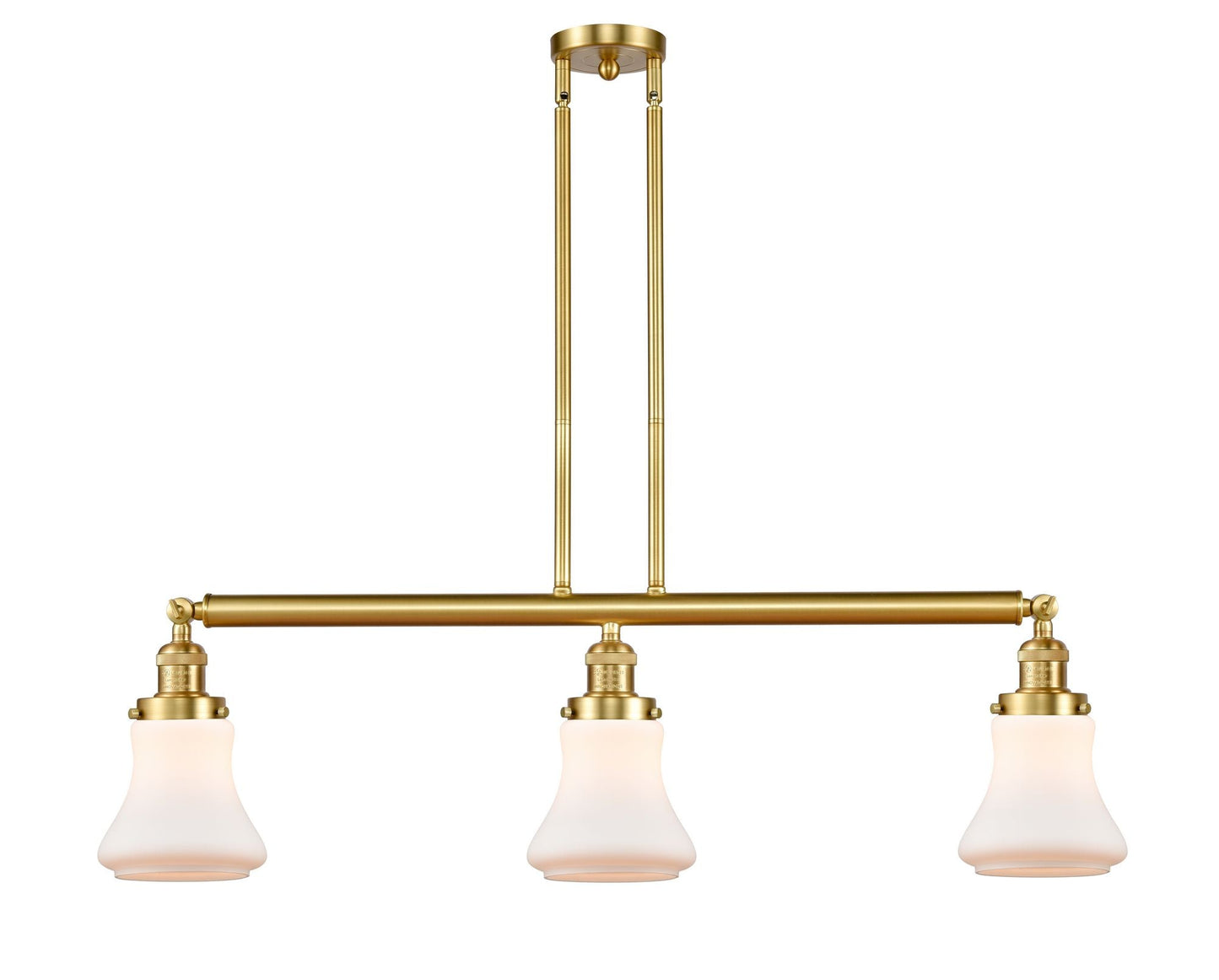 213-SG-G191 3-Light 38.75" Satin Gold Island Light - Matte White Bellmont Glass - LED Bulb - Dimmensions: 38.75 x 6.25 x 11<br>Minimum Height : 20.5<br>Maximum Height : 44.5 - Sloped Ceiling Compatible: Yes