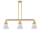 213-SG-G192 3-Light 38.75" Satin Gold Island Light - Clear Bellmont Glass - LED Bulb - Dimmensions: 38.75 x 6.25 x 11<br>Minimum Height : 20.5<br>Maximum Height : 44.5 - Sloped Ceiling Compatible: Yes