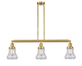 213-SG-G194 3-Light 38.75" Satin Gold Island Light - Seedy Bellmont Glass - LED Bulb - Dimmensions: 38.75 x 6.25 x 11<br>Minimum Height : 20.5<br>Maximum Height : 44.5 - Sloped Ceiling Compatible: Yes