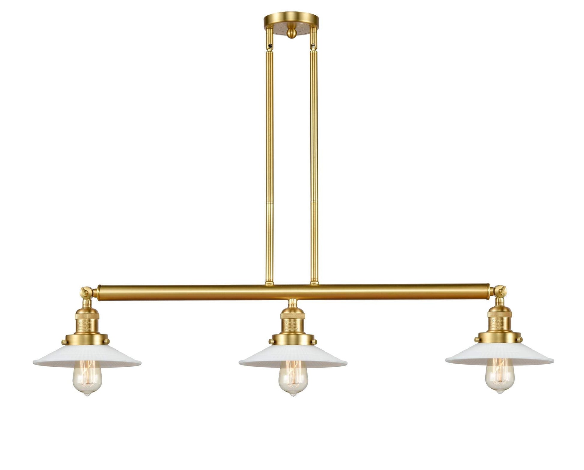 213-SG-G1 3-Light 41" Satin Gold Island Light - White Halophane Glass - LED Bulb - Dimmensions: 41 x 8.5 x 8<br>Minimum Height : 16.25<br>Maximum Height : 40.25 - Sloped Ceiling Compatible: Yes