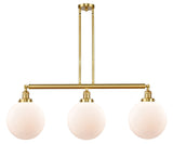 213-SG-G201-10 3-Light 42" Satin Gold Island Light - Matte White Cased Beacon Glass - LED Bulb - Dimmensions: 42 x 10 x 14<br>Minimum Height : 24<br>Maximum Height : 48 - Sloped Ceiling Compatible: Yes