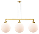 213-SG-G201-12 3-Light 44" Satin Gold Island Light - Matte White Cased Beacon Glass - LED Bulb - Dimmensions: 44 x 12 x 16<br>Minimum Height : 26<br>Maximum Height : 50 - Sloped Ceiling Compatible: Yes