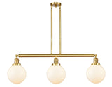 213-SG-G201-8 3-Light 40.5" Satin Gold Island Light - Matte White Cased Beacon Glass - LED Bulb - Dimmensions: 40.5 x 8 x 12.875<br>Minimum Height : 22<br>Maximum Height : 46 - Sloped Ceiling Compatible: Yes