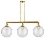 213-SG-G202-12 3-Light 44" Satin Gold Island Light - Clear Beacon Glass - LED Bulb - Dimmensions: 44 x 12 x 16<br>Minimum Height : 26<br>Maximum Height : 50 - Sloped Ceiling Compatible: Yes