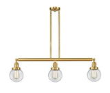 213-SG-G202-6 3-Light 38.5" Satin Gold Island Light - Clear Beacon Glass - LED Bulb - Dimmensions: 38.5 x 6 x 10.875<br>Minimum Height : 20<br>Maximum Height : 44 - Sloped Ceiling Compatible: Yes