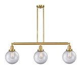 213-SG-G202-8 3-Light 40.5" Satin Gold Island Light - Clear Beacon Glass - LED Bulb - Dimmensions: 40.5 x 8 x 12.875<br>Minimum Height : 22<br>Maximum Height : 46 - Sloped Ceiling Compatible: Yes