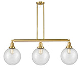 213-SG-G204-10 3-Light 42" Satin Gold Island Light - Seedy Beacon Glass - LED Bulb - Dimmensions: 42 x 10 x 14<br>Minimum Height : 24<br>Maximum Height : 48 - Sloped Ceiling Compatible: Yes