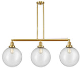 213-SG-G204-12 3-Light 44" Satin Gold Island Light - Seedy Beacon Glass - LED Bulb - Dimmensions: 44 x 12 x 16<br>Minimum Height : 26<br>Maximum Height : 50 - Sloped Ceiling Compatible: Yes