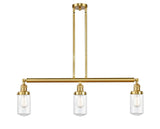 213-SG-G312 3-Light 37" Satin Gold Island Light - Clear Dover Glass - LED Bulb - Dimmensions: 37 x 4.5 x 10.75<br>Minimum Height : 20.75<br>Maximum Height : 44.75 - Sloped Ceiling Compatible: Yes