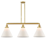213-SG-G41-L 3-Light 44" Satin Gold Island Light - Matte White Cased Cone 12" Glass - LED Bulb - Dimmensions: 44 x 12 x 16<br>Minimum Height : 24.25<br>Maximum Height : 48.25 - Sloped Ceiling Compatible: Yes
