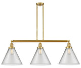 213-SG-G42-L 3-Light 44" Satin Gold Island Light - Clear Cone 12" Glass - LED Bulb - Dimmensions: 44 x 12 x 16<br>Minimum Height : 24.25<br>Maximum Height : 48.25 - Sloped Ceiling Compatible: Yes