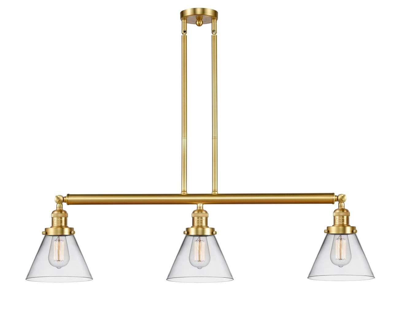 213-SG-G42 3-Light 40.25" Satin Gold Island Light - Clear Large Cone Glass - LED Bulb - Dimmensions: 40.25 x 7.75 x 10<br>Minimum Height : 20.25<br>Maximum Height : 44.25 - Sloped Ceiling Compatible: Yes