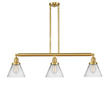 213-SG-G42 3-Light 40.25" Satin Gold Island Light - Clear Large Cone Glass - LED Bulb - Dimmensions: 40.25 x 7.75 x 10<br>Minimum Height : 20.25<br>Maximum Height : 44.25 - Sloped Ceiling Compatible: Yes