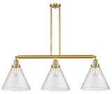 213-SG-G44-L 3-Light 44" Satin Gold Island Light - Seedy Cone 12" Glass - LED Bulb - Dimmensions: 44 x 12 x 16<br>Minimum Height : 24.25<br>Maximum Height : 48.25 - Sloped Ceiling Compatible: Yes