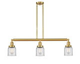 213-SG-G52 3-Light 37.5" Satin Gold Island Light - Clear Small Bell Glass - LED Bulb - Dimmensions: 37.5 x 5 x 10<br>Minimum Height : 20<br>Maximum Height : 44 - Sloped Ceiling Compatible: Yes