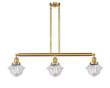 213-SG-G532 3-Light 40" Satin Gold Island Light - Clear Small Oxford Glass - LED Bulb - Dimmensions: 40 x 7.5 x 10<br>Minimum Height : 20<br>Maximum Height : 44 - Sloped Ceiling Compatible: Yes