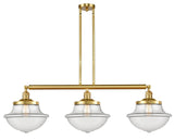 213-SG-G542 3-Light 42" Satin Gold Island Light - Clear Large Oxford Glass - LED Bulb - Dimmensions: 42 x 12 x 12<br>Minimum Height : 22.375<br>Maximum Height : 46.375 - Sloped Ceiling Compatible: Yes