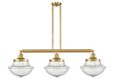 213-SG-G544 3-Light 42" Satin Gold Island Light - Seedy Large Oxford Glass - LED Bulb - Dimmensions: 42 x 12 x 12<br>Minimum Height : 22.375<br>Maximum Height : 46.375 - Sloped Ceiling Compatible: Yes