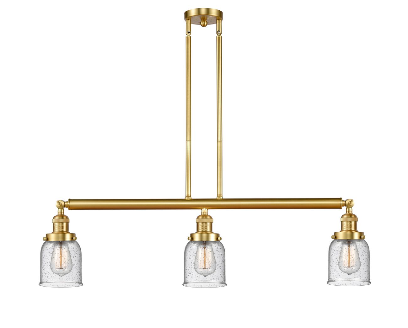 213-SG-G54 3-Light 37.5" Satin Gold Island Light - Seedy Small Bell Glass - LED Bulb - Dimmensions: 37.5 x 7.5 x 10<br>Minimum Height : 20<br>Maximum Height : 44 - Sloped Ceiling Compatible: Yes