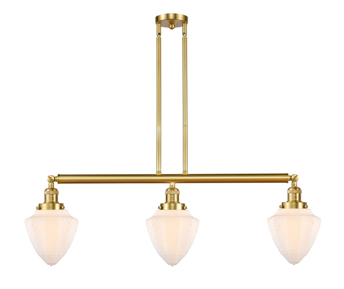 213-SG-G661-7 3-Light 38" Satin Gold Island Light - Matte White Cased Small Bullet Glass - LED Bulb - Dimmensions: 38 x 7 x 15.25<br>Minimum Height : 24.25<br>Maximum Height : 48.25 - Sloped Ceiling Compatible: Yes