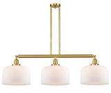 213-SG-G71-L 3-Light 42" Satin Gold Island Light - Matte White Cased X-Large Bell Glass - LED Bulb - Dimmensions: 42 x 12 x 13<br>Minimum Height : 22.25<br>Maximum Height : 46.25 - Sloped Ceiling Compatible: Yes