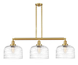 3-Light 42" Satin Gold Island Light - Clear Deco Swirl X-Large Bell Glass - LED Bulbs Included