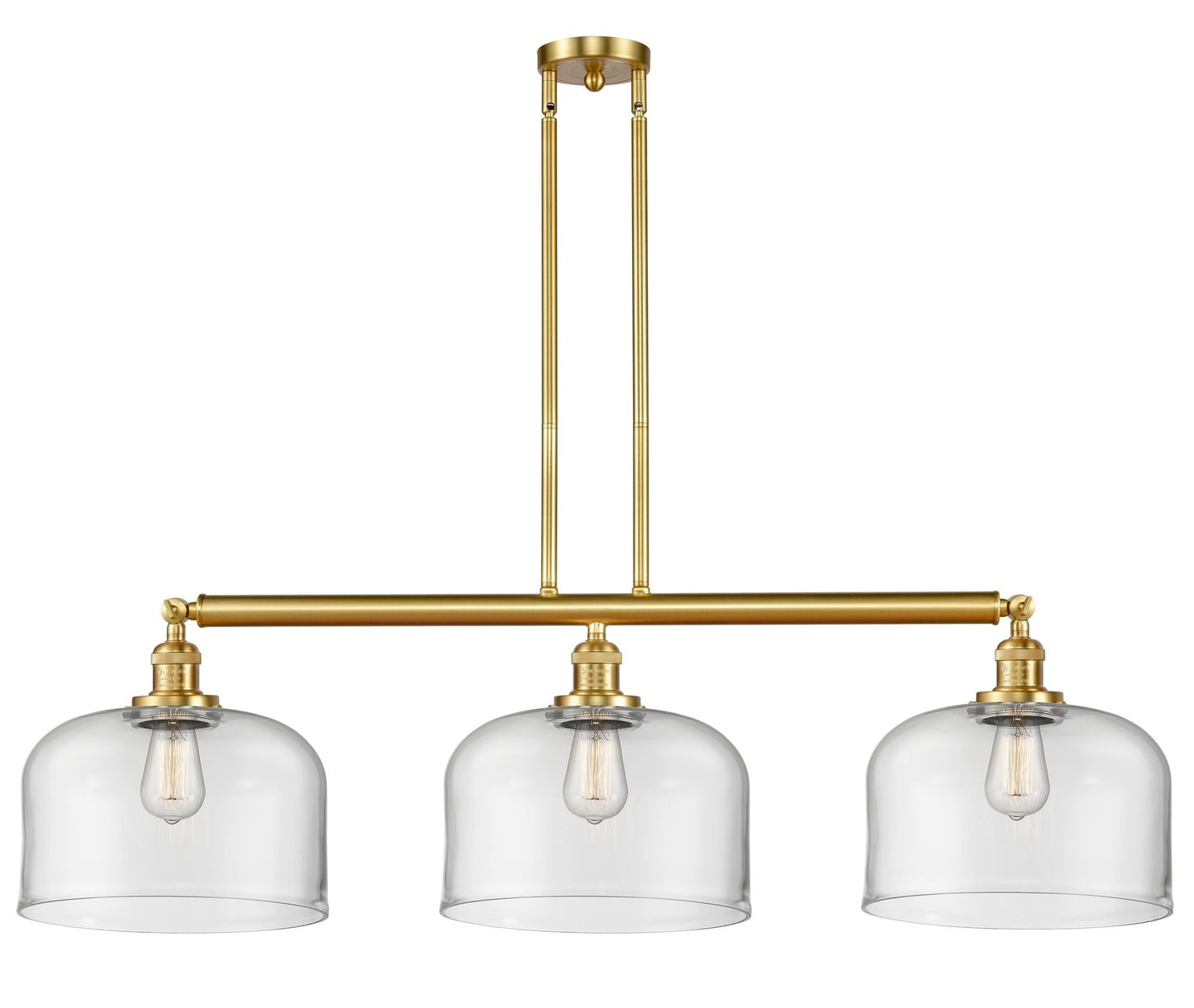 213-SG-G72-L 3-Light 42" Satin Gold Island Light - Clear X-Large Bell Glass - LED Bulb - Dimmensions: 42 x 12 x 13<br>Minimum Height : 22.25<br>Maximum Height : 46.25 - Sloped Ceiling Compatible: Yes