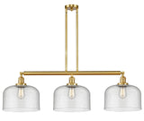 213-SG-G74-L 3-Light 42" Satin Gold Island Light - Seedy X-Large Bell Glass - LED Bulb - Dimmensions: 42 x 12 x 13<br>Minimum Height : 22.25<br>Maximum Height : 46.25 - Sloped Ceiling Compatible: Yes