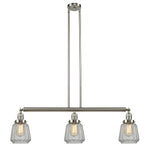 213-SN-G142 3-Light 38.75" Brushed Satin Nickel Island Light - Clear Chatham Glass - LED Bulb - Dimmensions: 38.75 x 6.25 x 10<br>Minimum Height : 21<br>Maximum Height : 45 - Sloped Ceiling Compatible: Yes