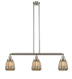 213-AB-G146 3-Light 38.75" Antique Brass Island Light - Mercury Plated Chatham Glass - LED Bulb - Dimmensions: 38.75 x 6.25 x 10<br>Minimum Height : 22.25<br>Maximum Height : 46.25 - Sloped Ceiling Compatible: Yes