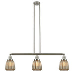 213-SN-G146 3-Light 38.75" Brushed Satin Nickel Island Light - Mercury Plated Chatham Glass - LED Bulb - Dimmensions: 38.75 x 6.25 x 10<br>Minimum Height : 22.25<br>Maximum Height : 46.25 - Sloped Ceiling Compatible: Yes