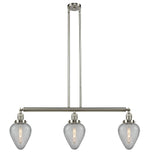 213-SN-G165 3-Light 38" Brushed Satin Nickel Island Light - Clear Crackle Geneseo Glass - LED Bulb - Dimmensions: 38 x 7 x 10<br>Minimum Height : 23<br>Maximum Height : 47 - Sloped Ceiling Compatible: Yes
