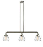 213-SN-G172 3-Light 39.25" Brushed Satin Nickel Island Light - Clear Fulton Glass - LED Bulb - Dimmensions: 39.25 x 6.75 x 10<br>Minimum Height : 19.5<br>Maximum Height : 43.5 - Sloped Ceiling Compatible: Yes
