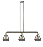 213-SN-G173 3-Light 39.25" Brushed Satin Nickel Island Light - Plated Smoke Fulton Glass - LED Bulb - Dimmensions: 39.25 x 6.75 x 10<br>Minimum Height : 19.5<br>Maximum Height : 43.5 - Sloped Ceiling Compatible: Yes