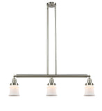 213-SN-G181S 3-Light 38.5" Brushed Satin Nickel Island Light - Matte White Small Canton Glass - LED Bulb - Dimmensions: 38.5 x 6 x 11<br>Minimum Height : 19.75<br>Maximum Height : 43.75 - Sloped Ceiling Compatible: Yes